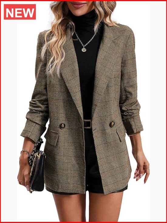 Jackets & Blazers - Lightweight Fully Lined Plaid Houndstooth Blazer with Pockets